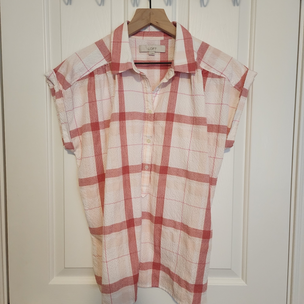 Loft Plaid Seersucker Short Sleeve Shirt